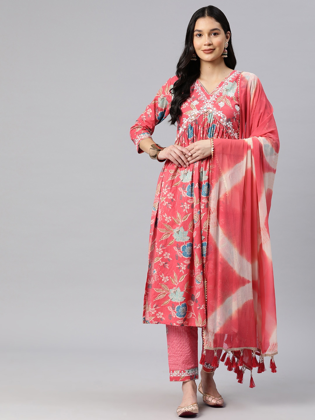 

RAJGRANTH Women Floral Embroidered Pleated Pure Cotton Kurta with Trousers & With Dupatta, Pink