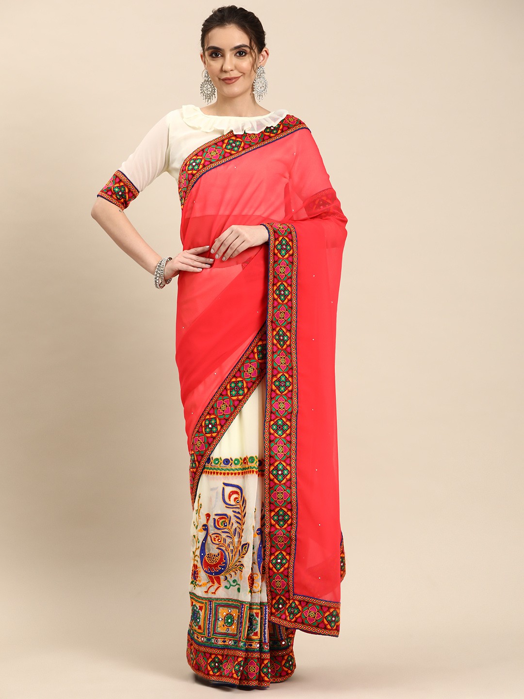 

RAJGRANTH Ethnic Motifs Embroidered Pure Georgette Half & Half Saree, Beige