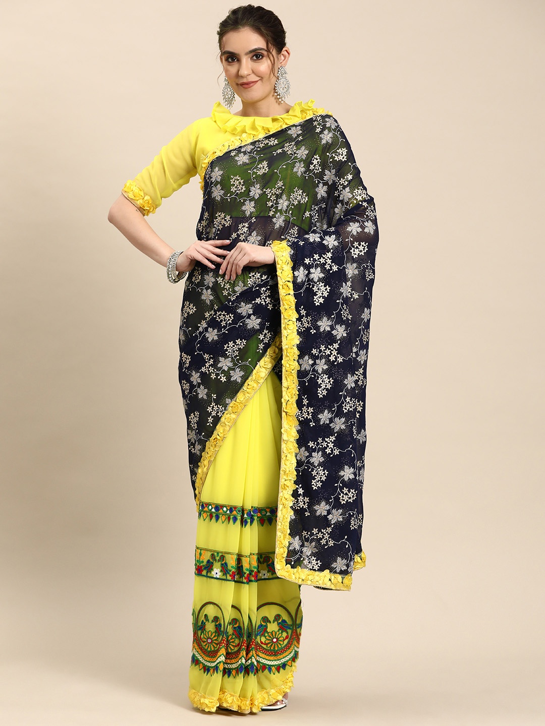 

RAJGRANTH Floral Embroidered Pure Georgette Half & Half Saree, Navy blue