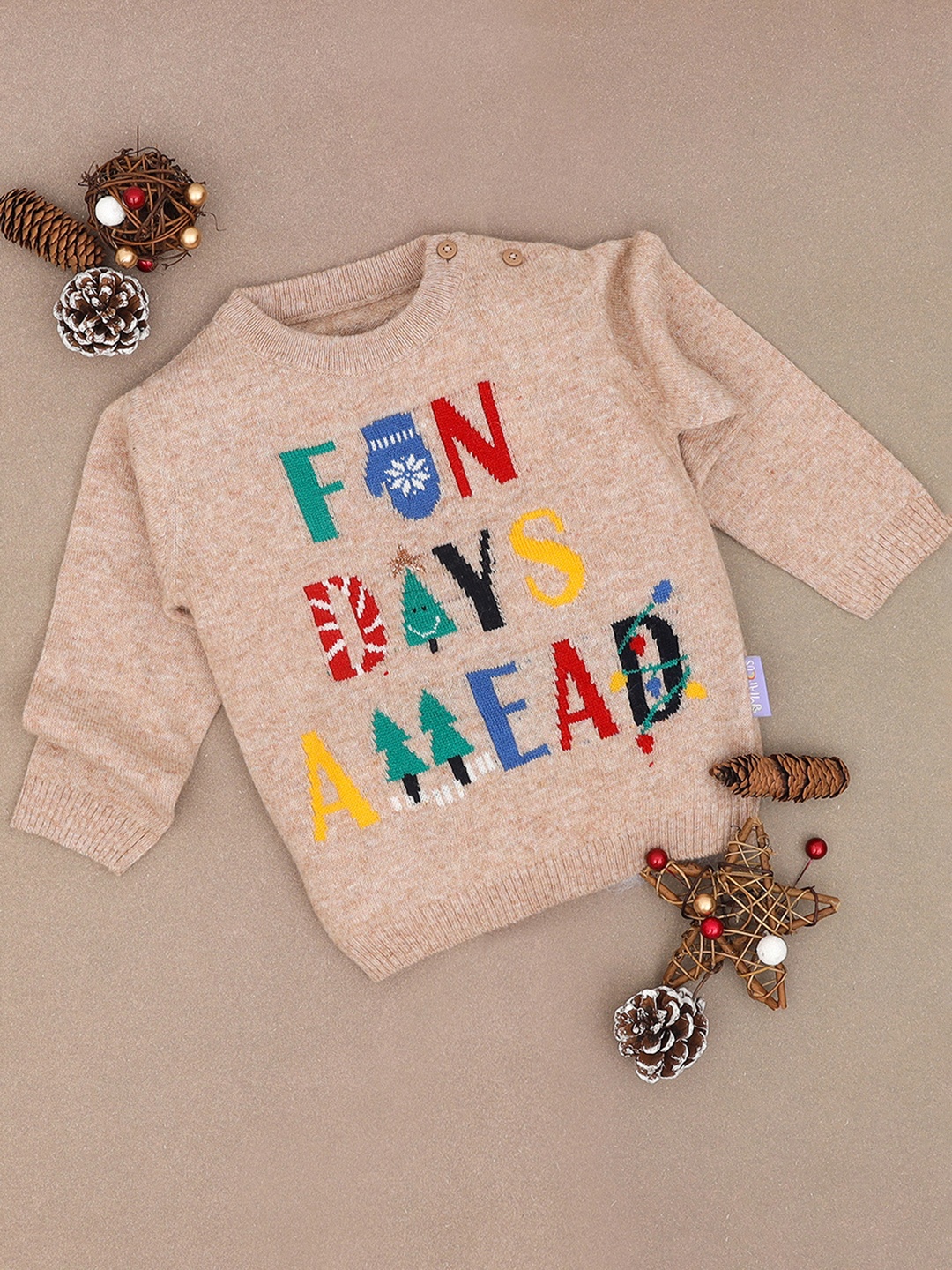 MiArcus Kids Typography Woven Design Cotton Sweater, Brown