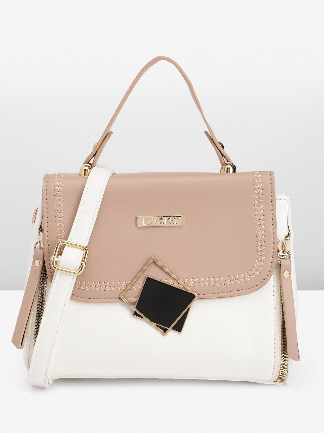 

Luvoksi Women Colourblocked PU Structured Sling Bag, Beige