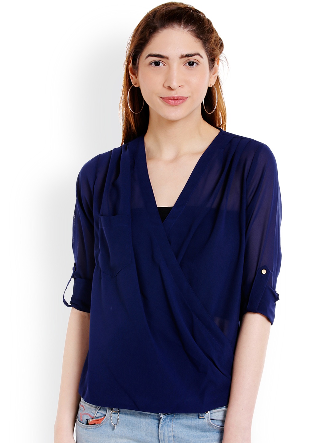 

Globus Women Navy Blue Solid Wrap Top