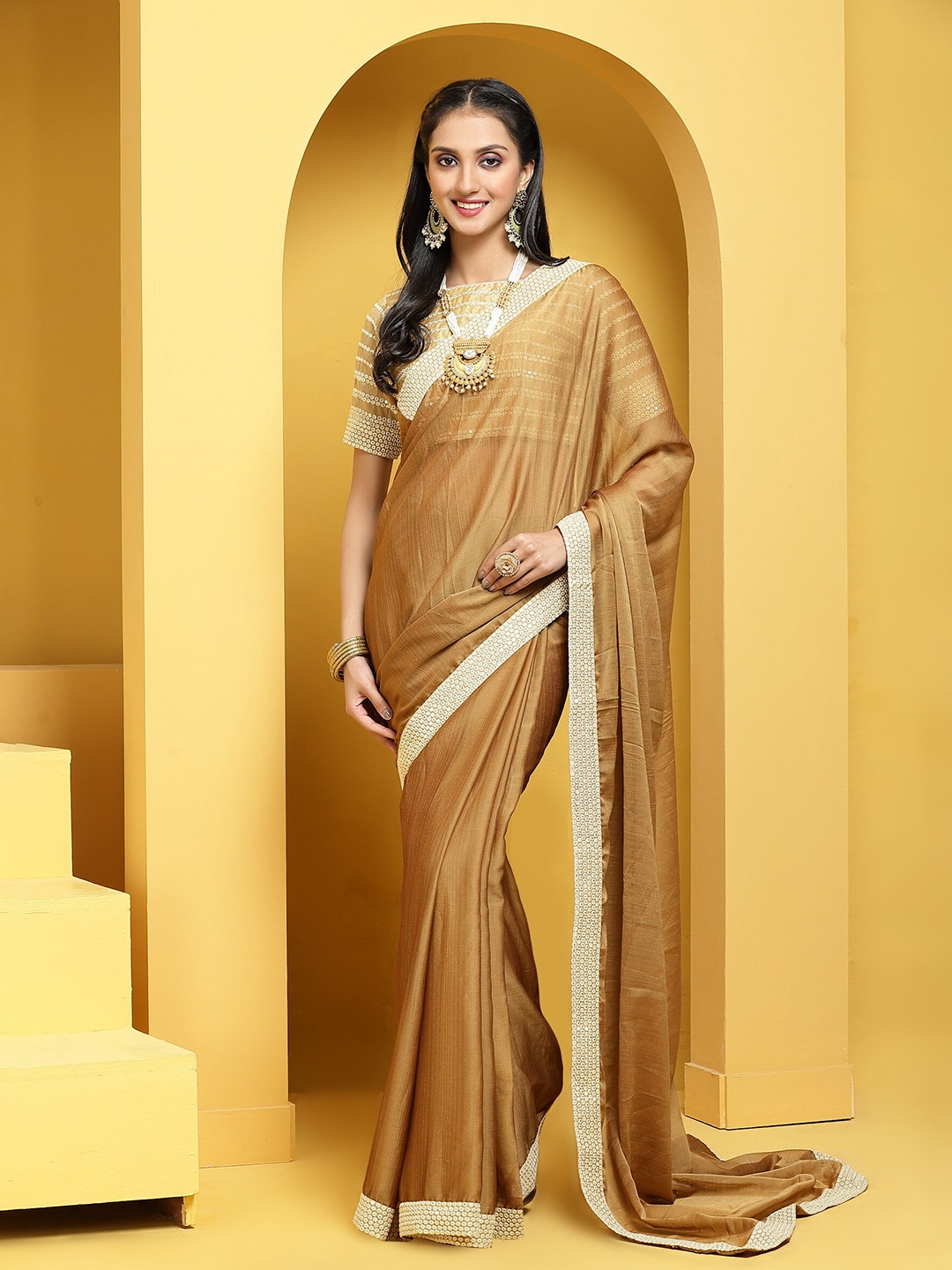 

Anouk Gun Metal-Toned Sequinned Silk Blend Saree, Metallic