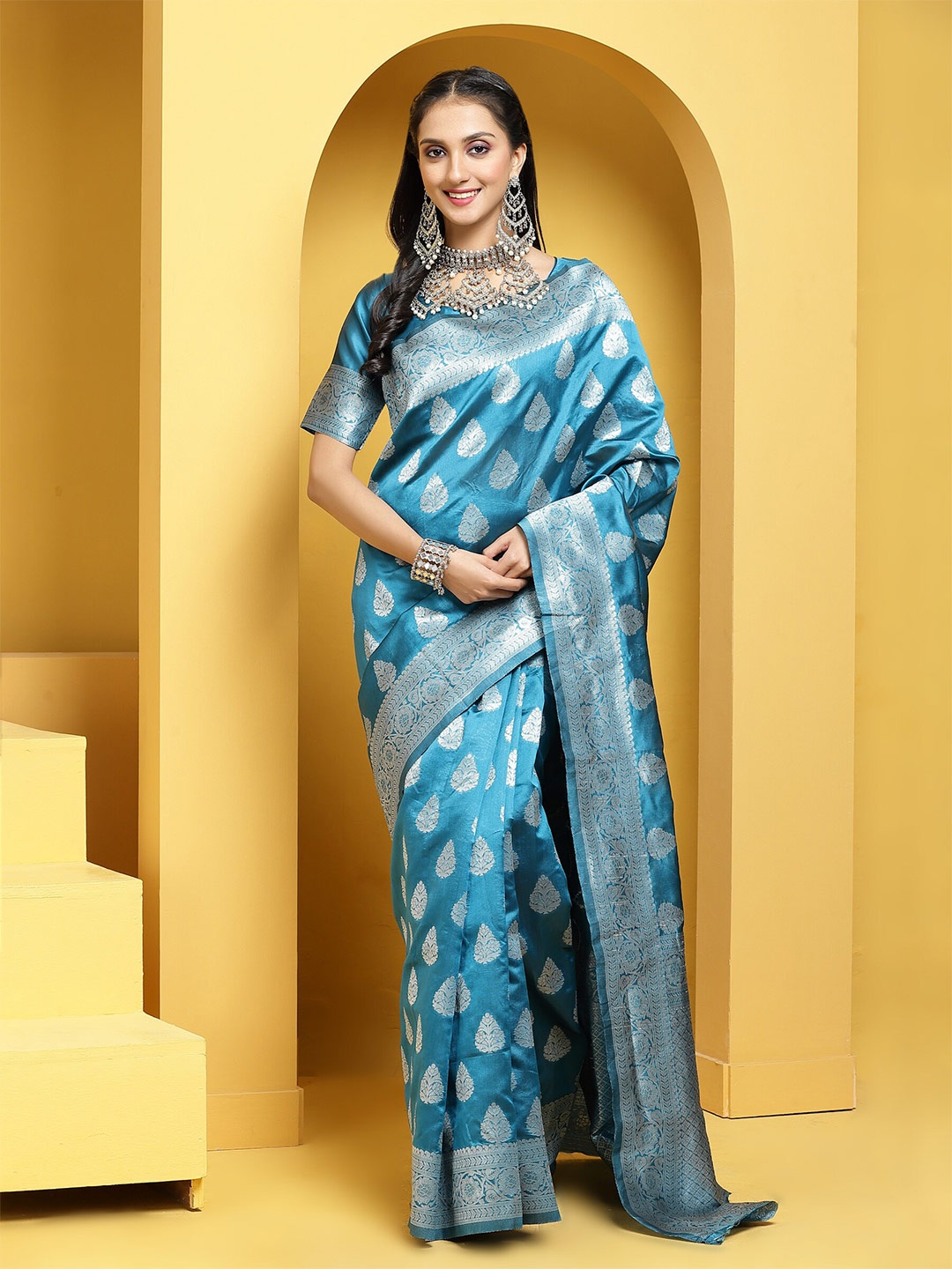

Anouk Ethnic Teal Blue & Silver-Toned Woven Design Zari Banarasi Saree