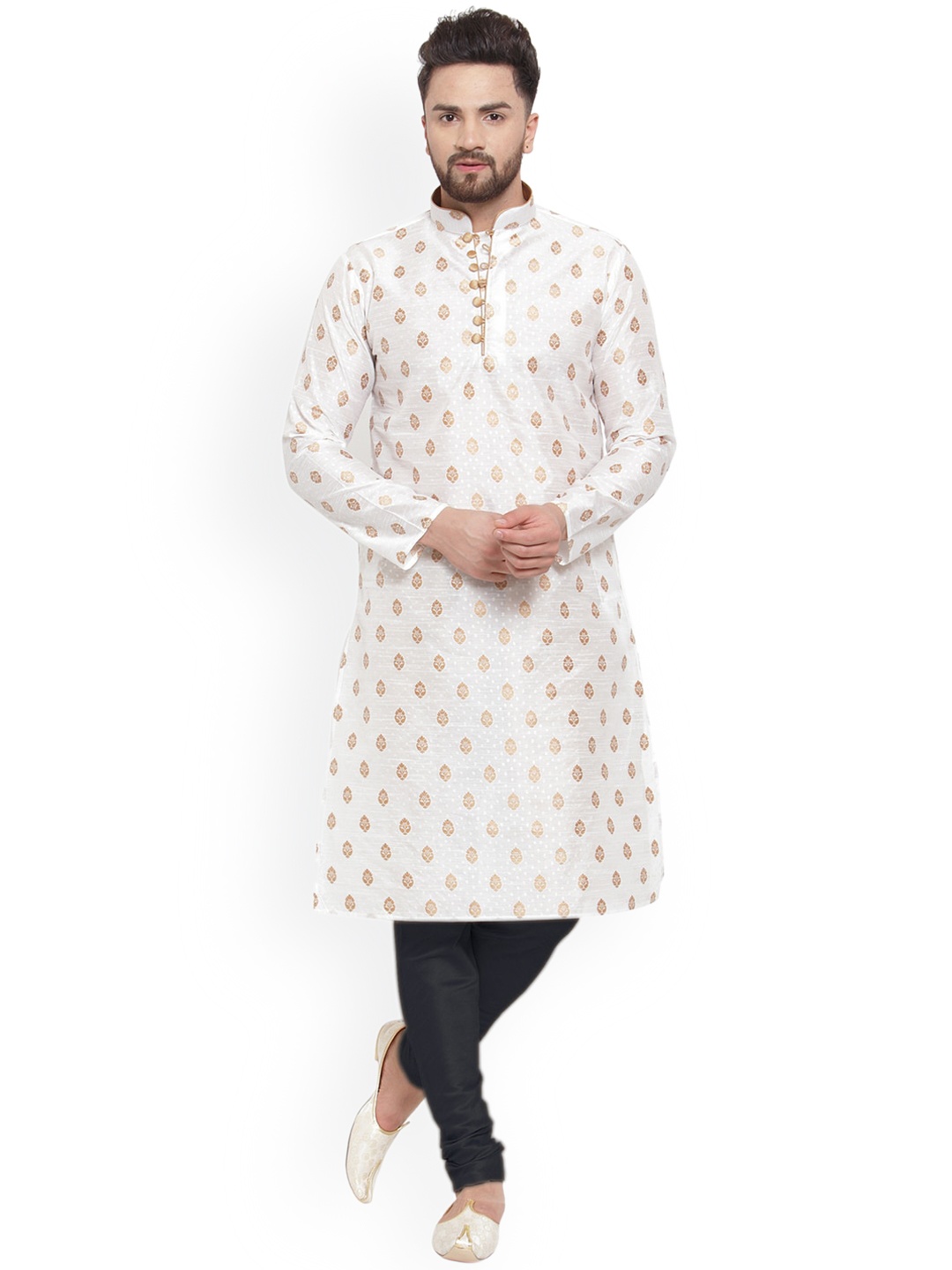 

Larwa Ethnic Motifs Woven Design Mandarin Collar Regular Kurta With Churidar, White