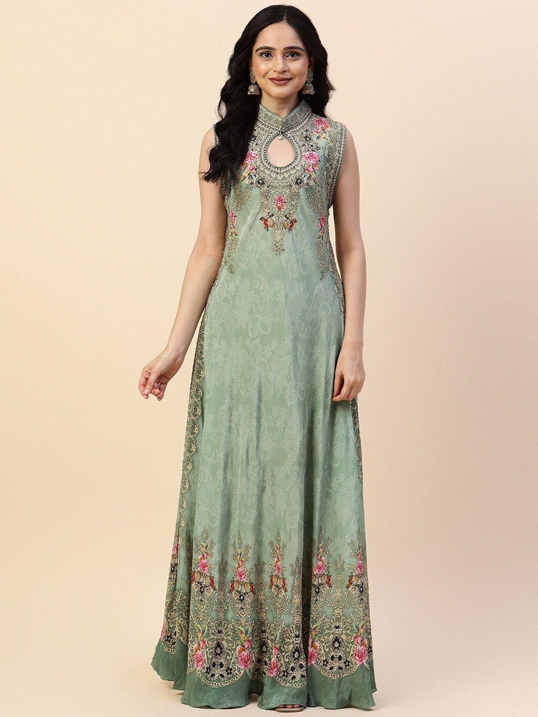 

Meena Bazaar Floral Embroidered Keyhole Neck Maxi Ethnic Dress, Green