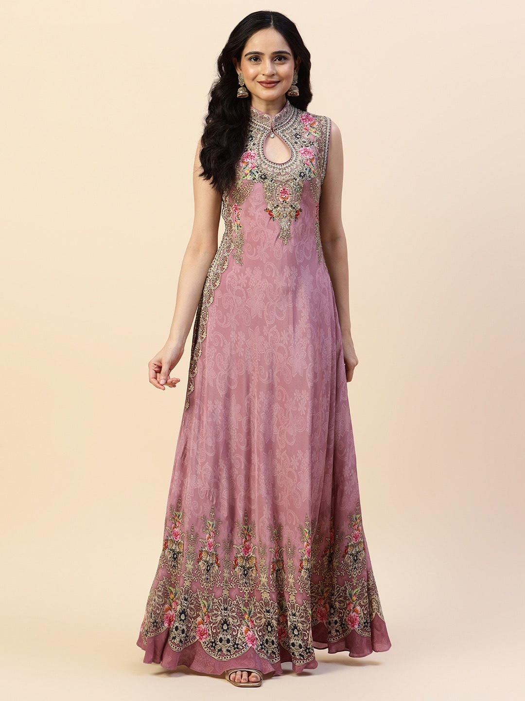 

Meena Bazaar Floral Embroidered Keyhole Neck Maxi Ethnic Dress, Pink