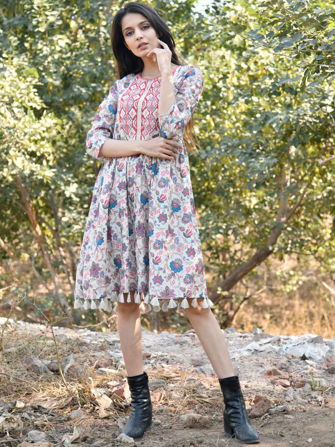 

Meena Bazaar Floral Printed Cotton Fit & Flare Dress, White