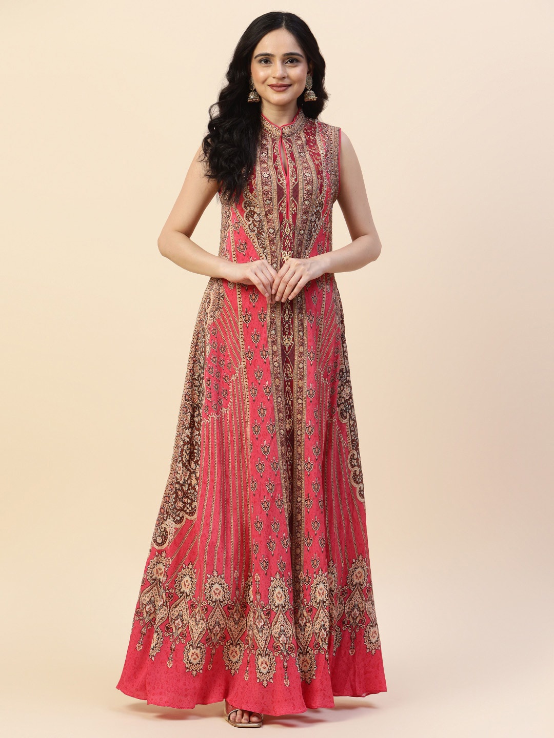 

Meena Bazaar Floral Embroidered Mandarin Collar Maxi Ethnic Dress, Pink