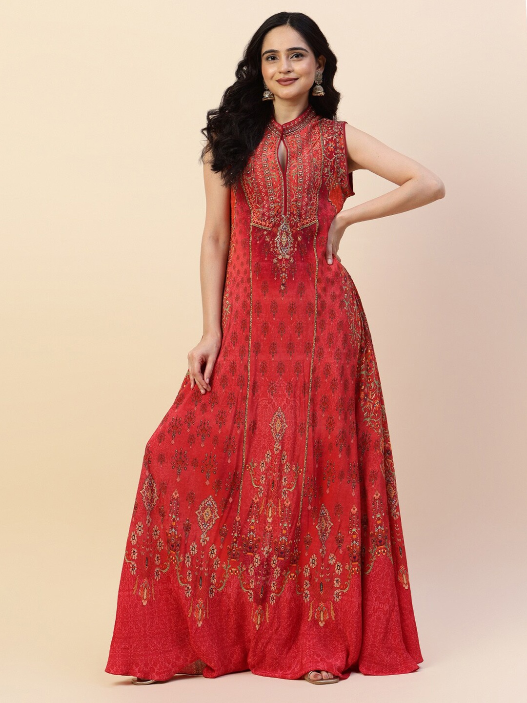 

Meena Bazaar Floral Embroidered Keyhole Neck Maxi Ethnic Dress, Red