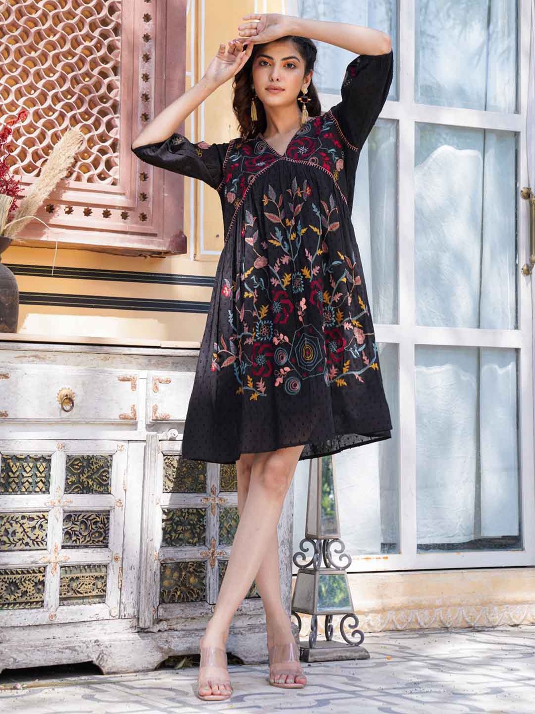 

Meena Bazaar Floral Embroidered Cotton V-Neck Puff Sleeves Ethnic Dresses, Black