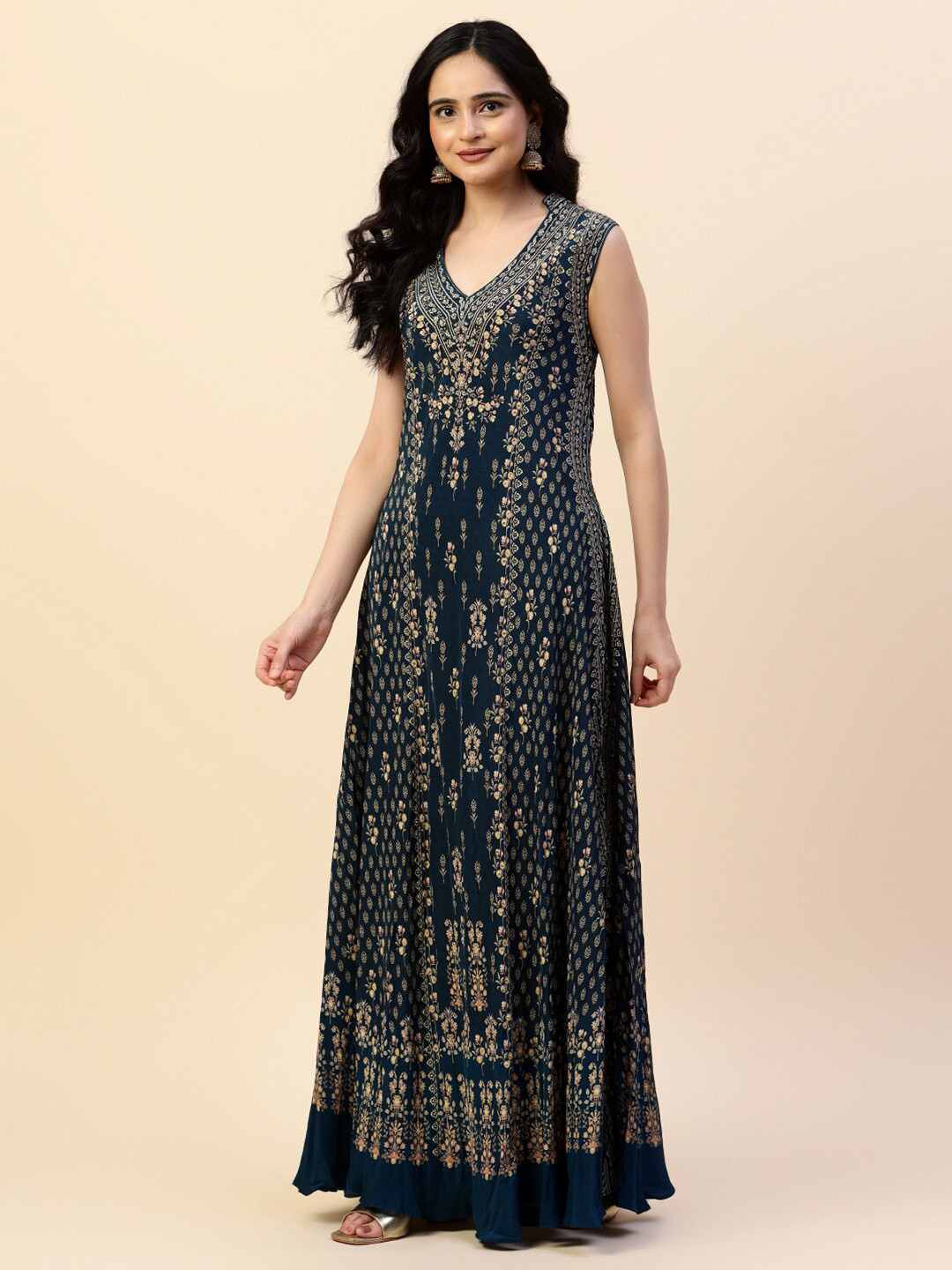 

Meena Bazaar Floral Printed V-Neck Sleeveless Maxi Ethnic Dresses, Teal