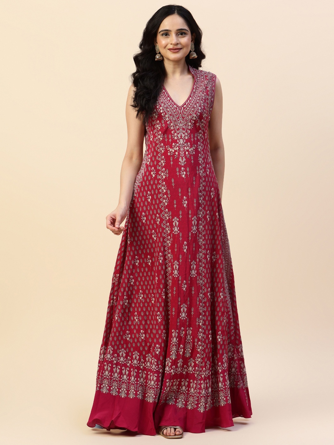 

Meena Bazaar Floral Printed V-Neck Sleeveless Maxi Ethnic Dresses, Magenta