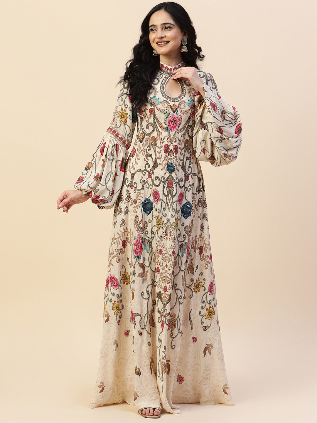 

Meena Bazaar Floral Printed Keyhole Neck Puff Sleeve Maxi Dress, Cream