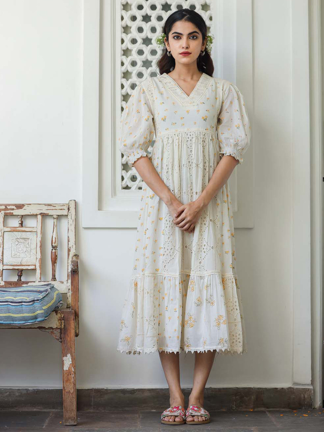 

Meena Bazaar Floral Printed Cotton V-Neck Puff Sleeves A-Line Midi Dress, Cream