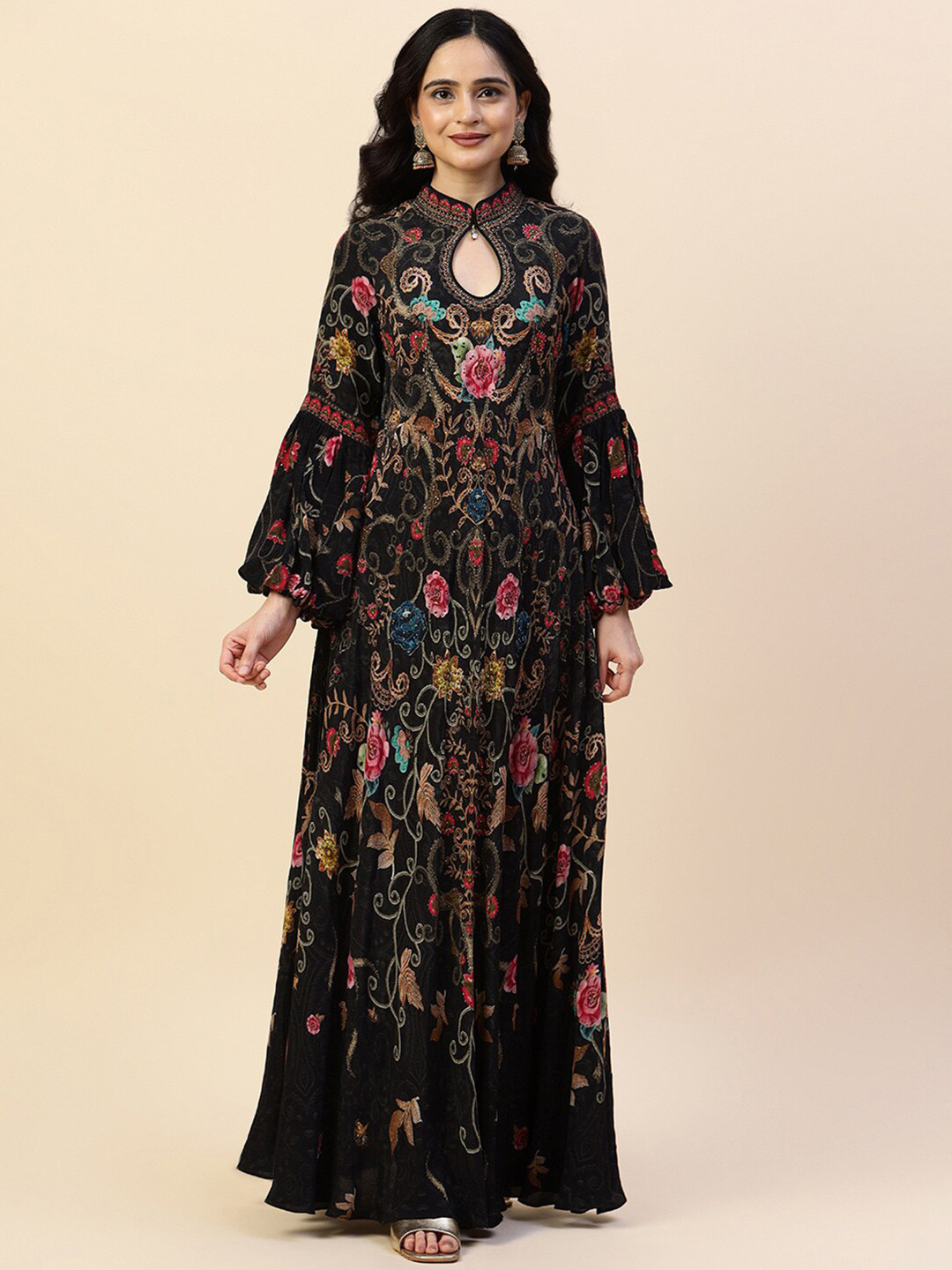

Meena Bazaar Floral Embroidered Keyhole Neck Bell Sleeves Maxi Dress, Black