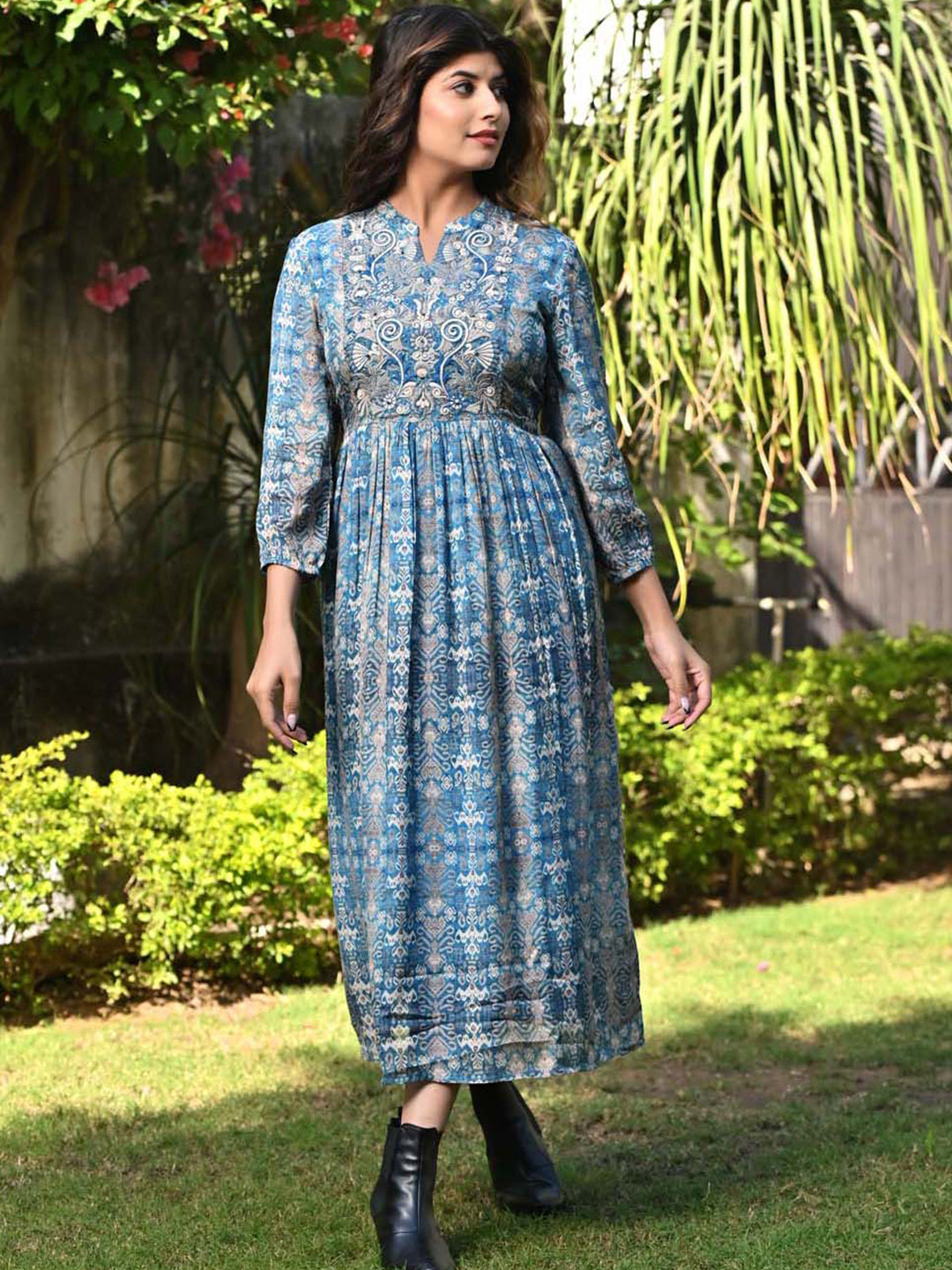 

Meena Bazaar Floral Printed Mandarin Collar Fit & Flare Maxi Dress, Blue