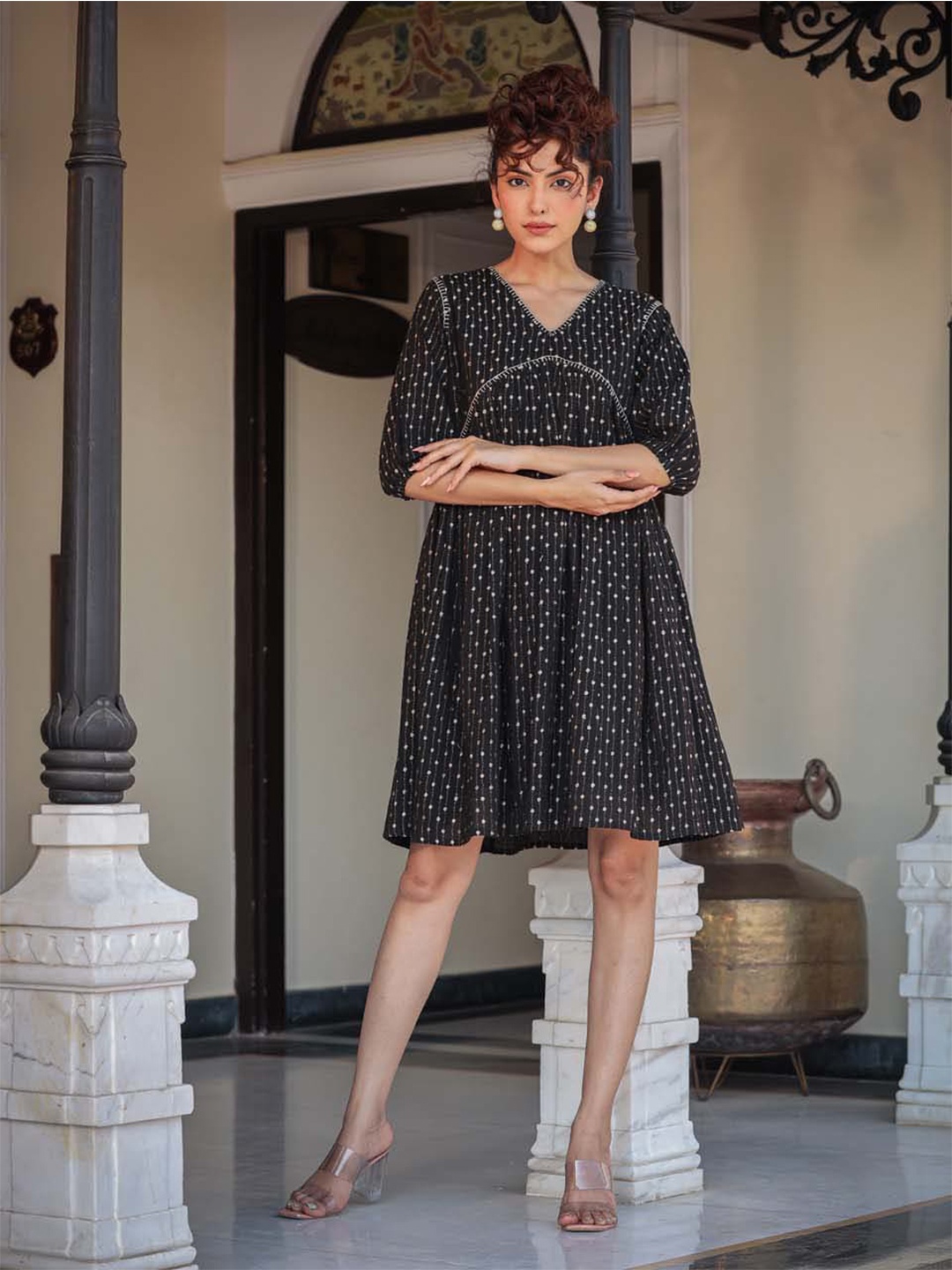 

Meena Bazaar Geometric Printed Cotton V-Neck Fit & Flare Dress, Black