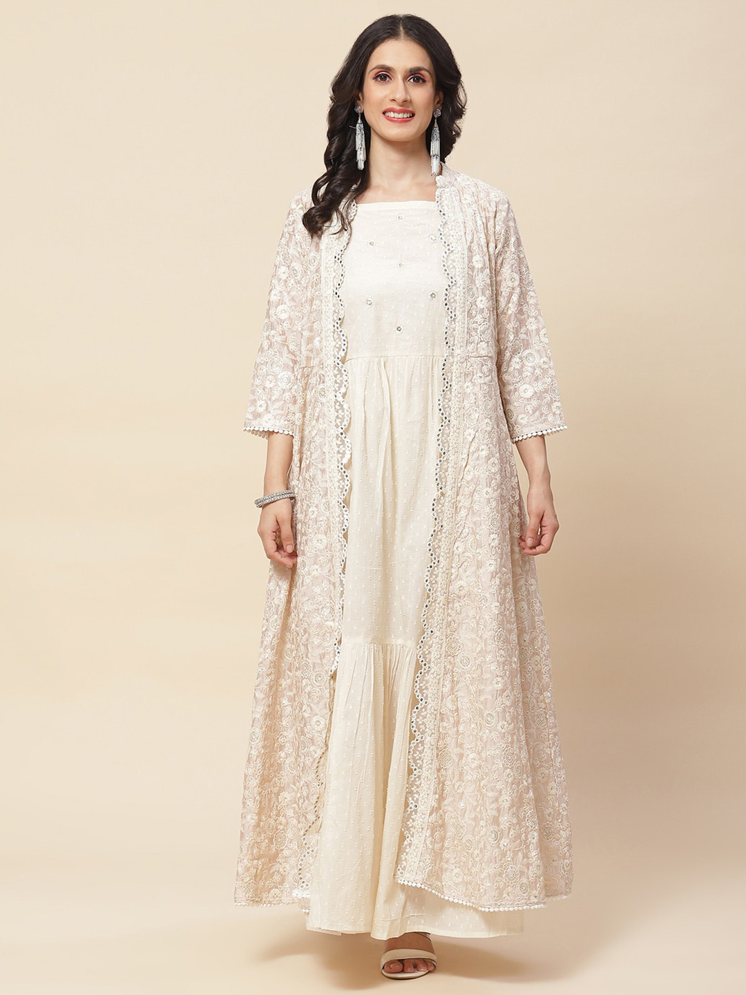 

Meena Bazaar Self Design Cotton Shoulder Straps Maxi Dress With Embroidered Jacket, Beige