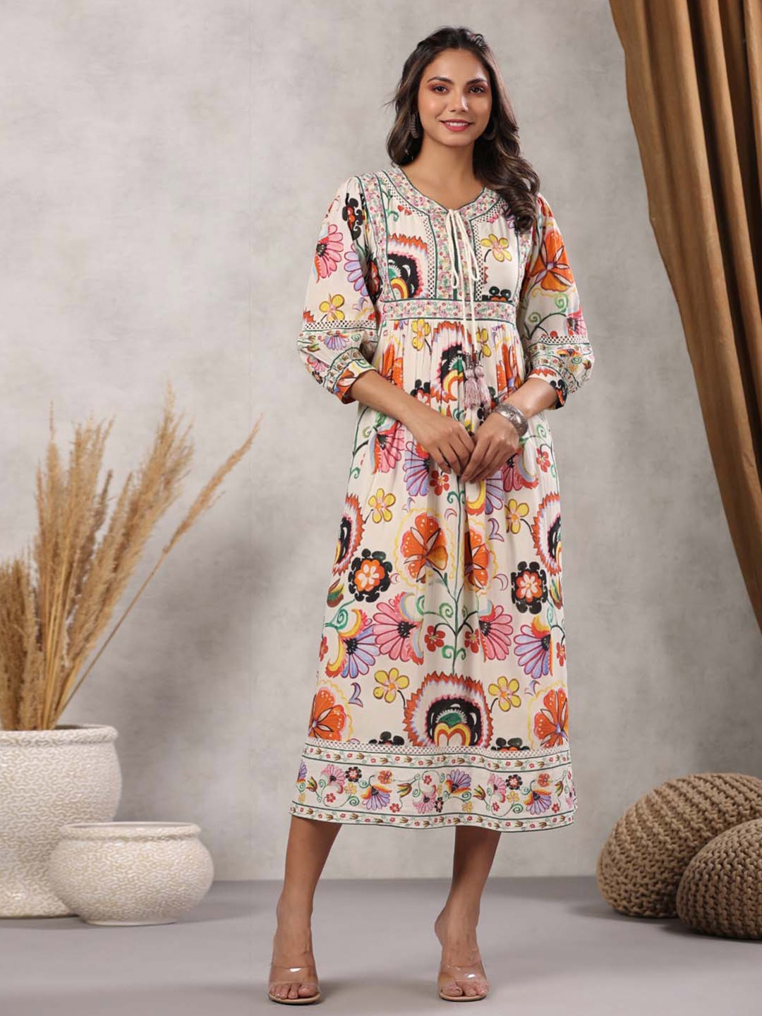 

Meena Bazaar Floral Printed Keyhole Neck Puff Sleeves Cotton Fit & Flare Midi Dress, Cream