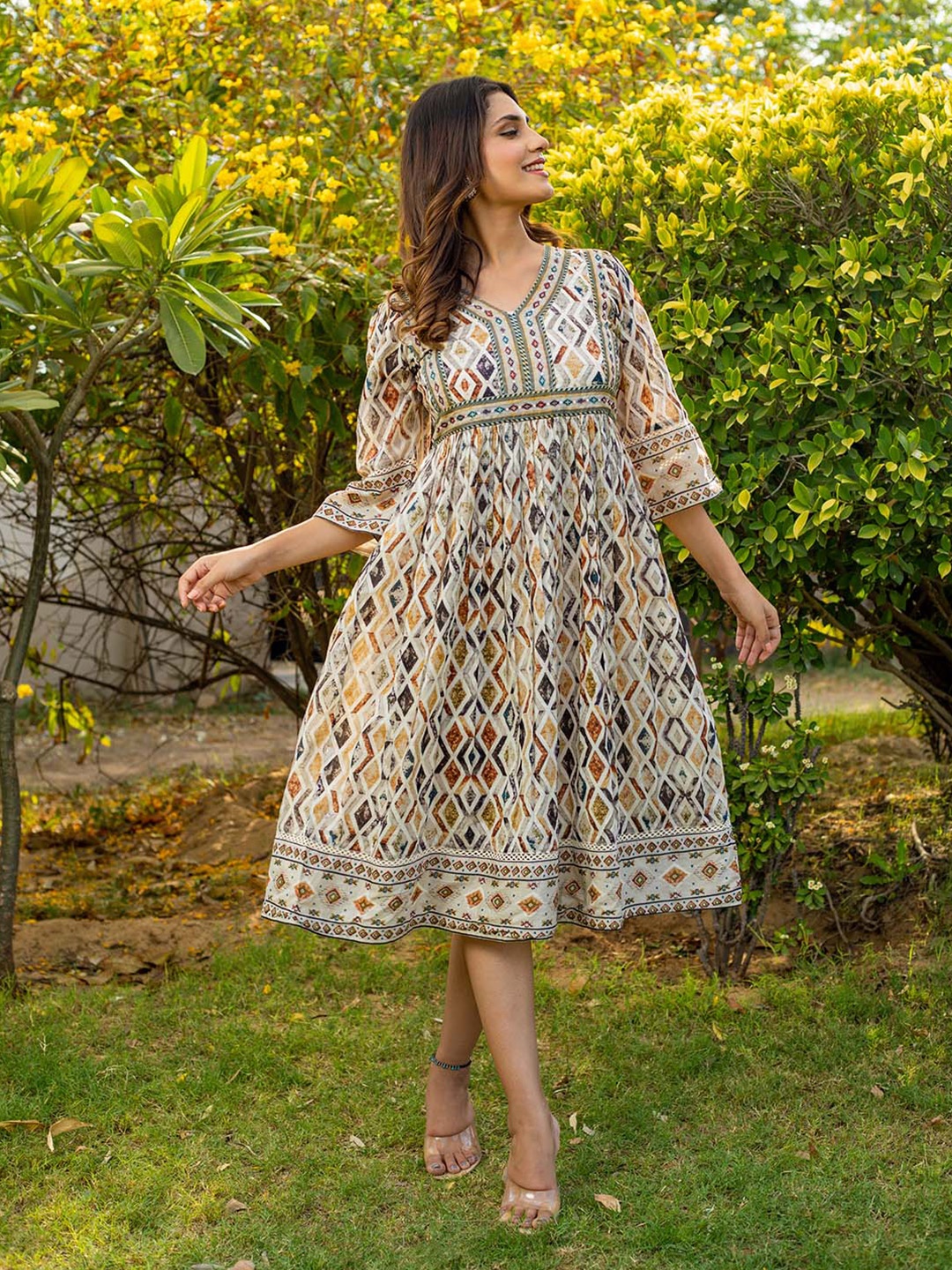 

Meena Bazaar Geometric Printed V-Neck Regular Sleeves Cotton Fit & Flare Dress, Beige