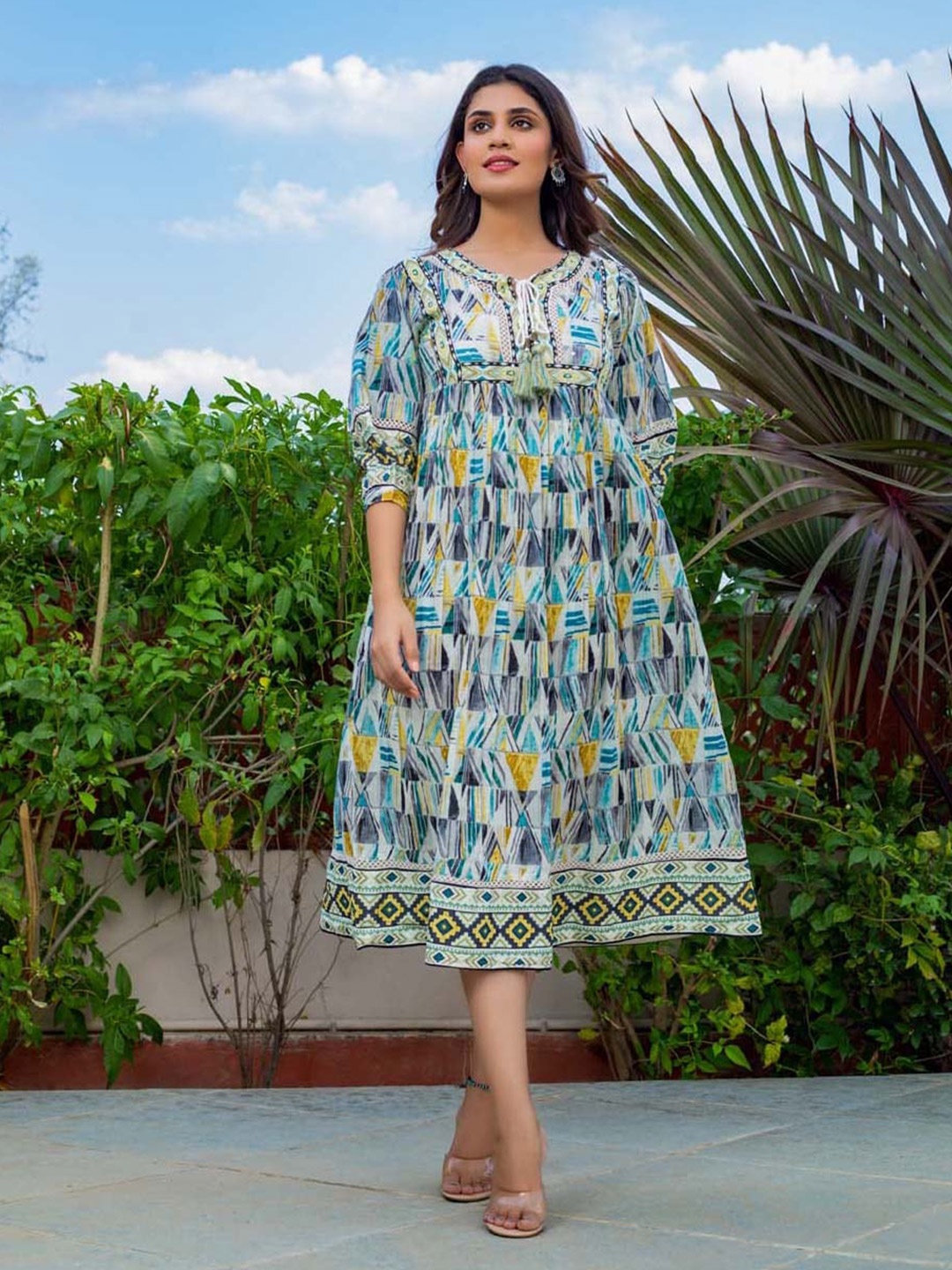 

Meena Bazaar Abstract Printed Tie-Up Neck Puff Sleeves Cotton Fit & Flare Dress, Cream