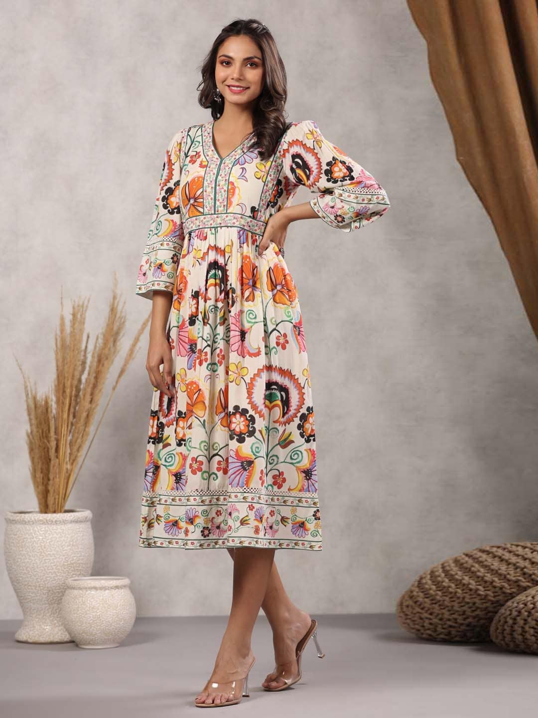 

Meena Bazaar Floral Printed V-Neck Puff Sleeves Cotton Fit & Flare Dress, Cream