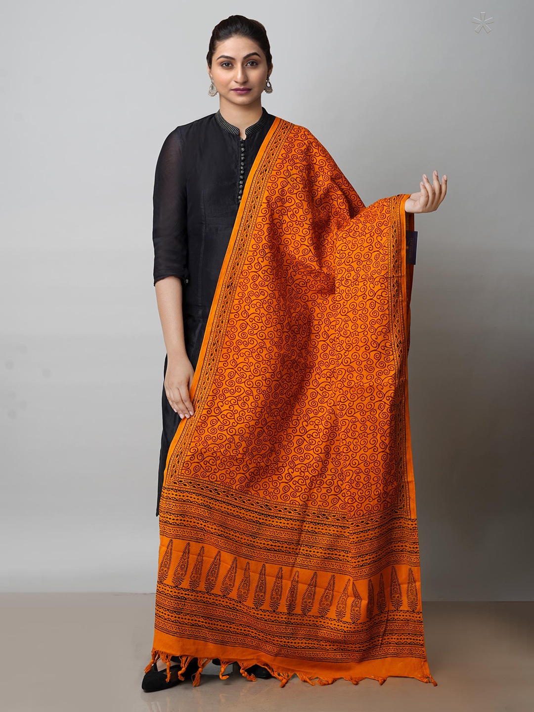 

Unnati Silks Ethnic Motifs Printed Sustainable Tasseled Cotton Dupatta, Orange