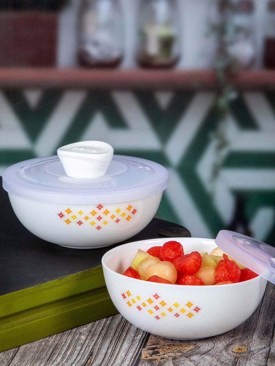 

Cello White 2 Pcs Geometric Printed Opalware Glossy Serving Bowls With Lids