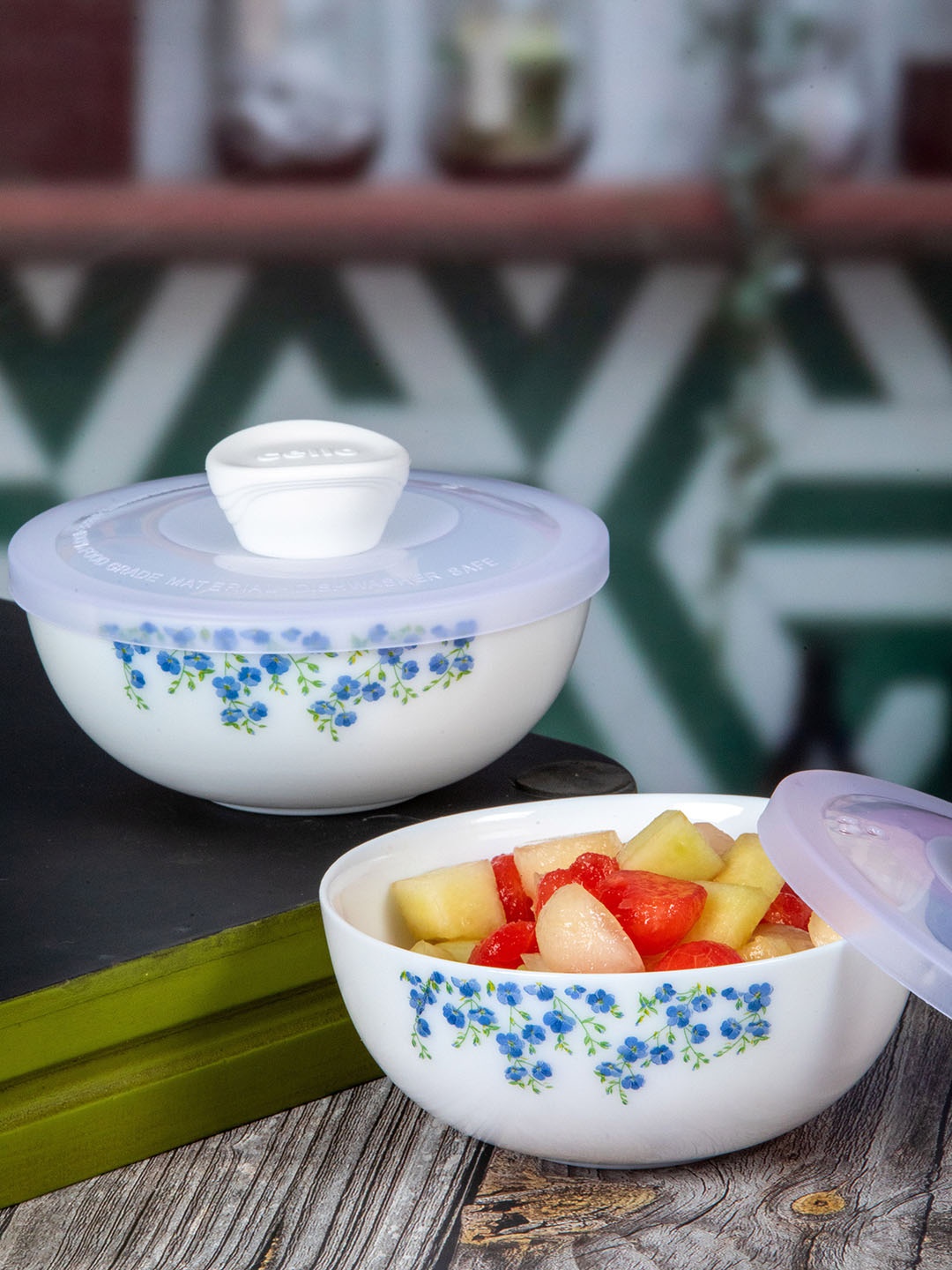 

CelloWhite 2 Pieces Floral Printed Opalware Glossy Serving Bowls With Lids, White