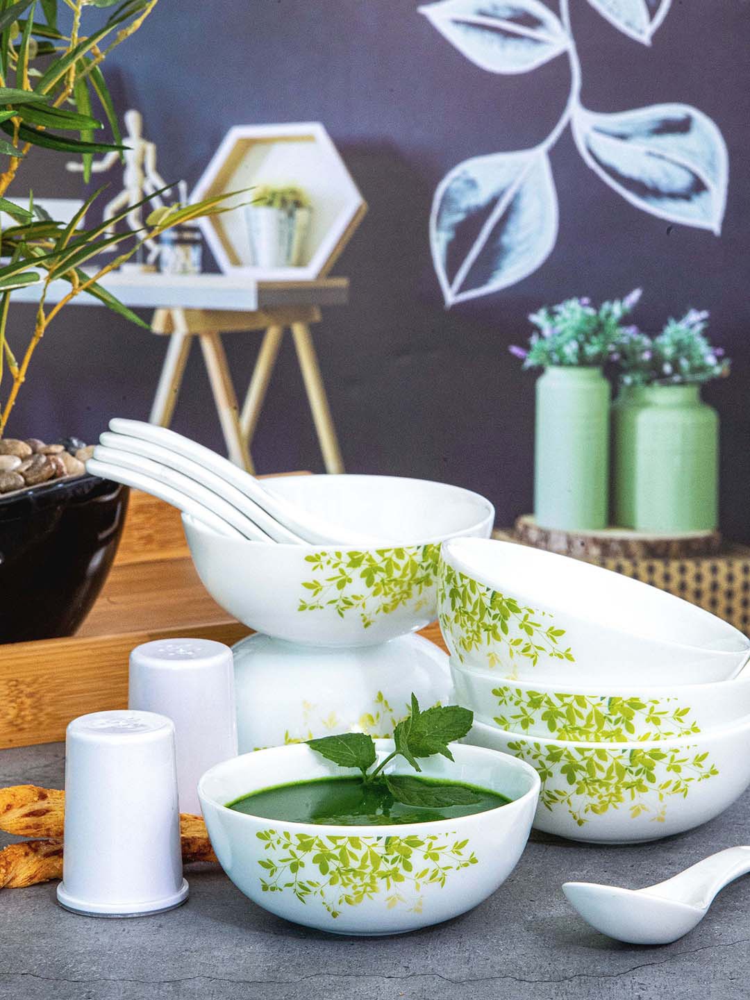 

Cello White & Green 14 Pieces Printed Opalware Glossy Dinner Set