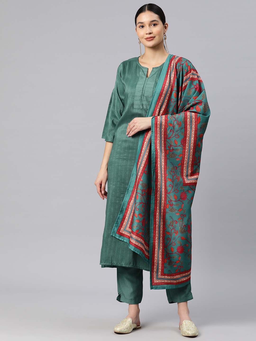 

RAJGRANTH Women Regular Thread Work Kurta with Trousers & With Dupatta, Teal