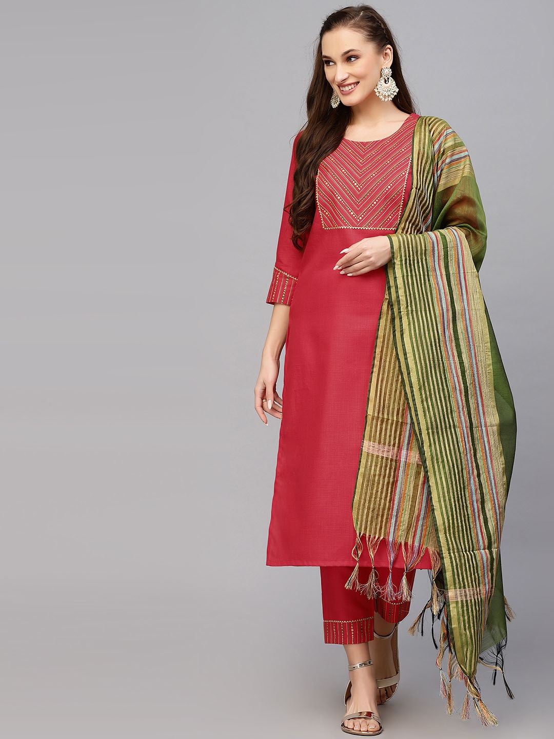 

KALINI Yoke Design Printed Gotta Patti Kurta With Trousers & Dupatta, Pink