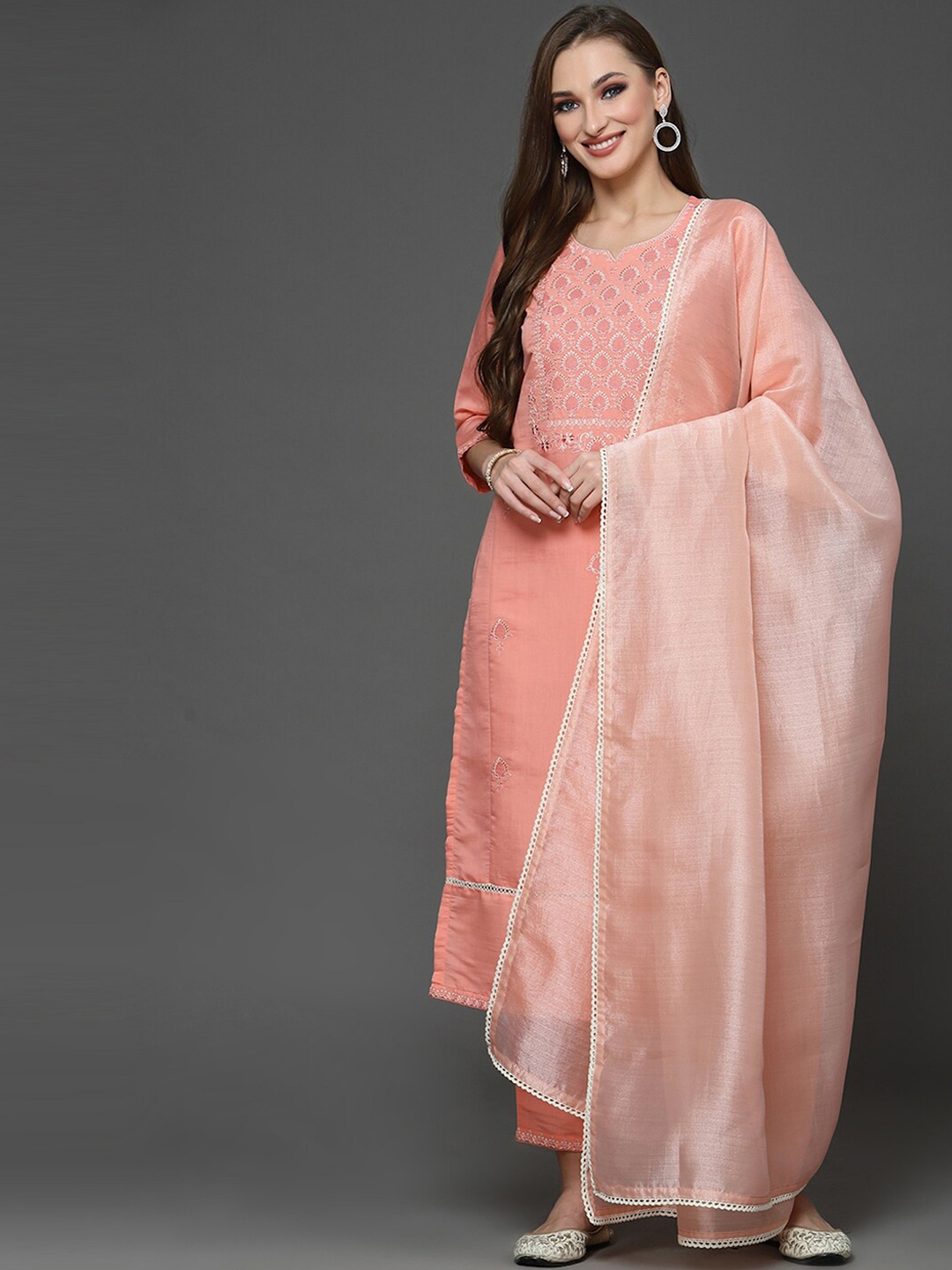 

KALINI Ethnic Motifs Embroidered Thread Work Kurta With Trousers & Dupatta, Peach