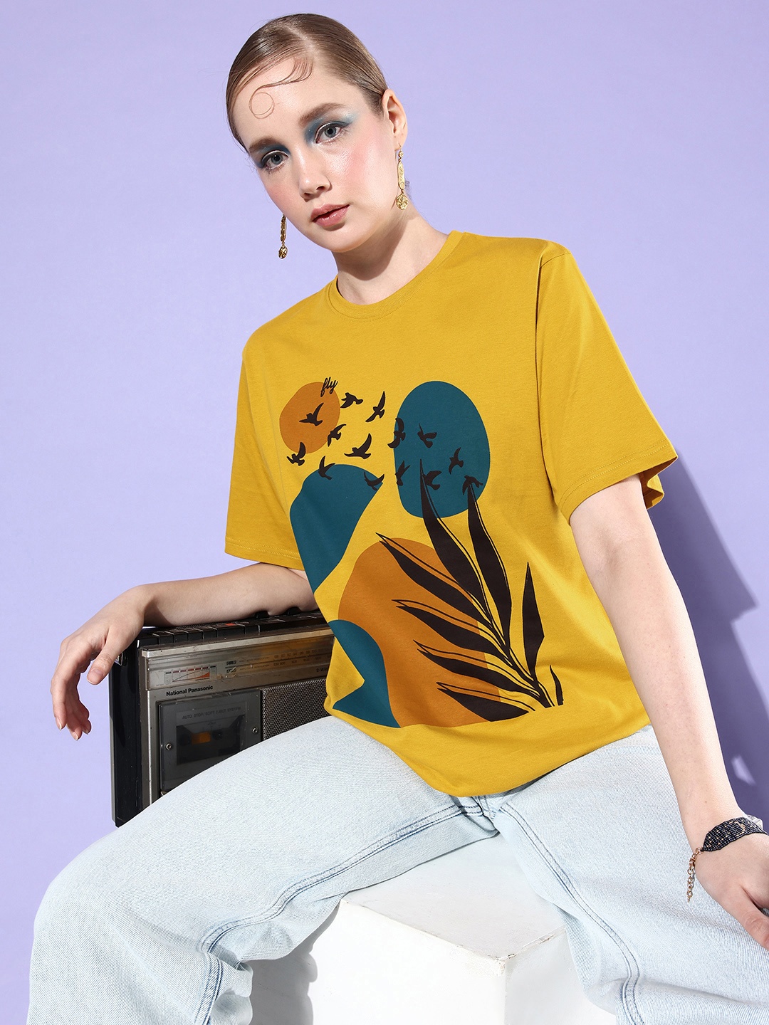 

DILLINGER Women Graphic Printed Loose T-shirt, Mustard