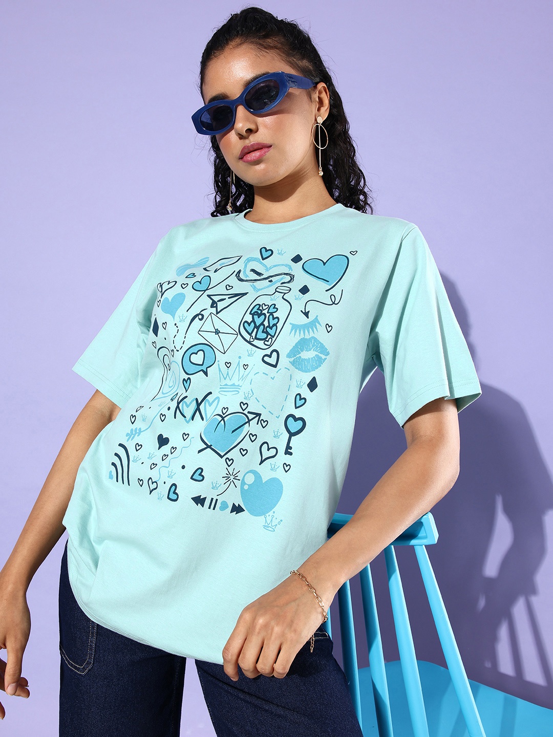 

DILLINGER Women Graphic Printed Loose T-shirt, Turquoise blue