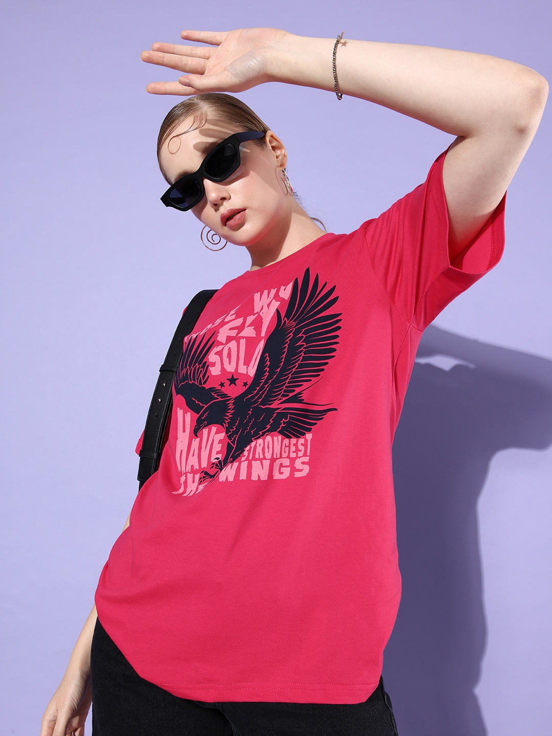 

DILLINGER Graphic Printed Oversized Longline Pure Cotton T-shirt, Pink
