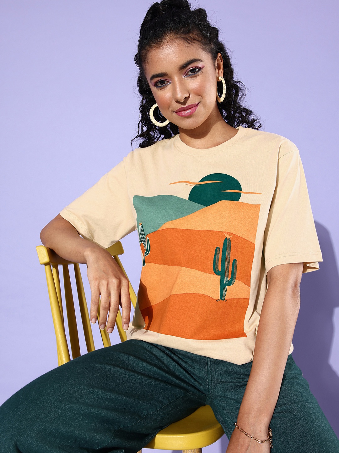 

DILLINGER Graphic Printed Oversized Longline Pure Cotton T-shirt, Beige