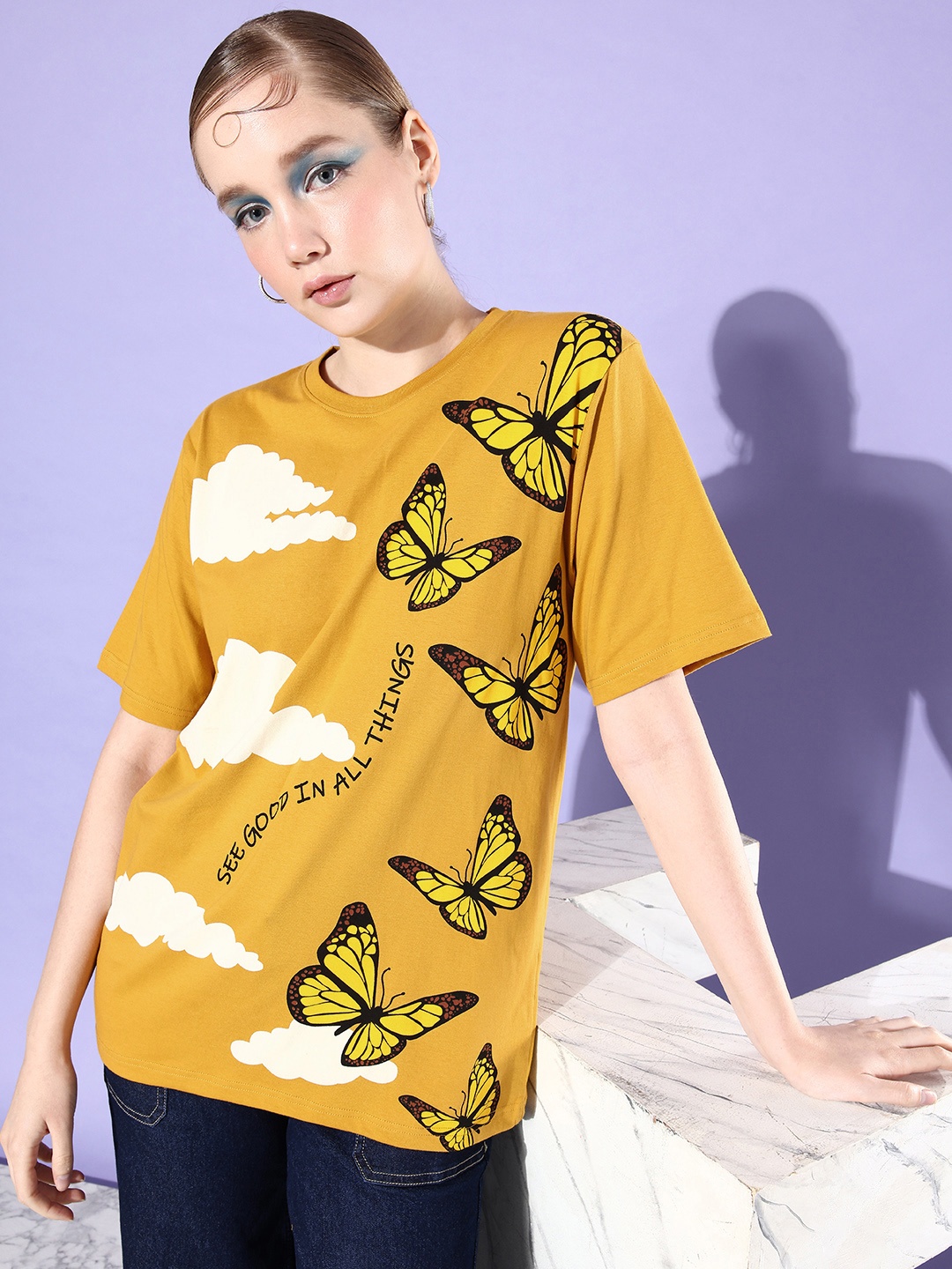 

DILLINGER Graphic Printed Oversized Longline Pure Cotton T-shirt, Mustard