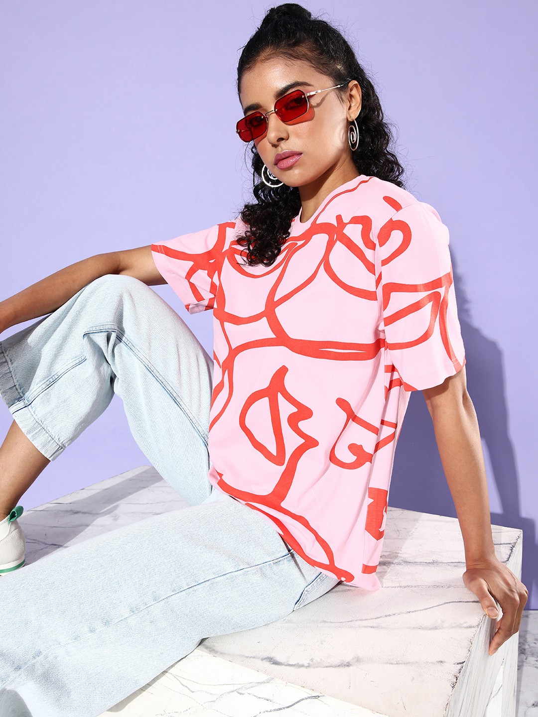 

DILLINGER Abstract Printed Oversized Longline Pure Cotton T-shirt, Pink