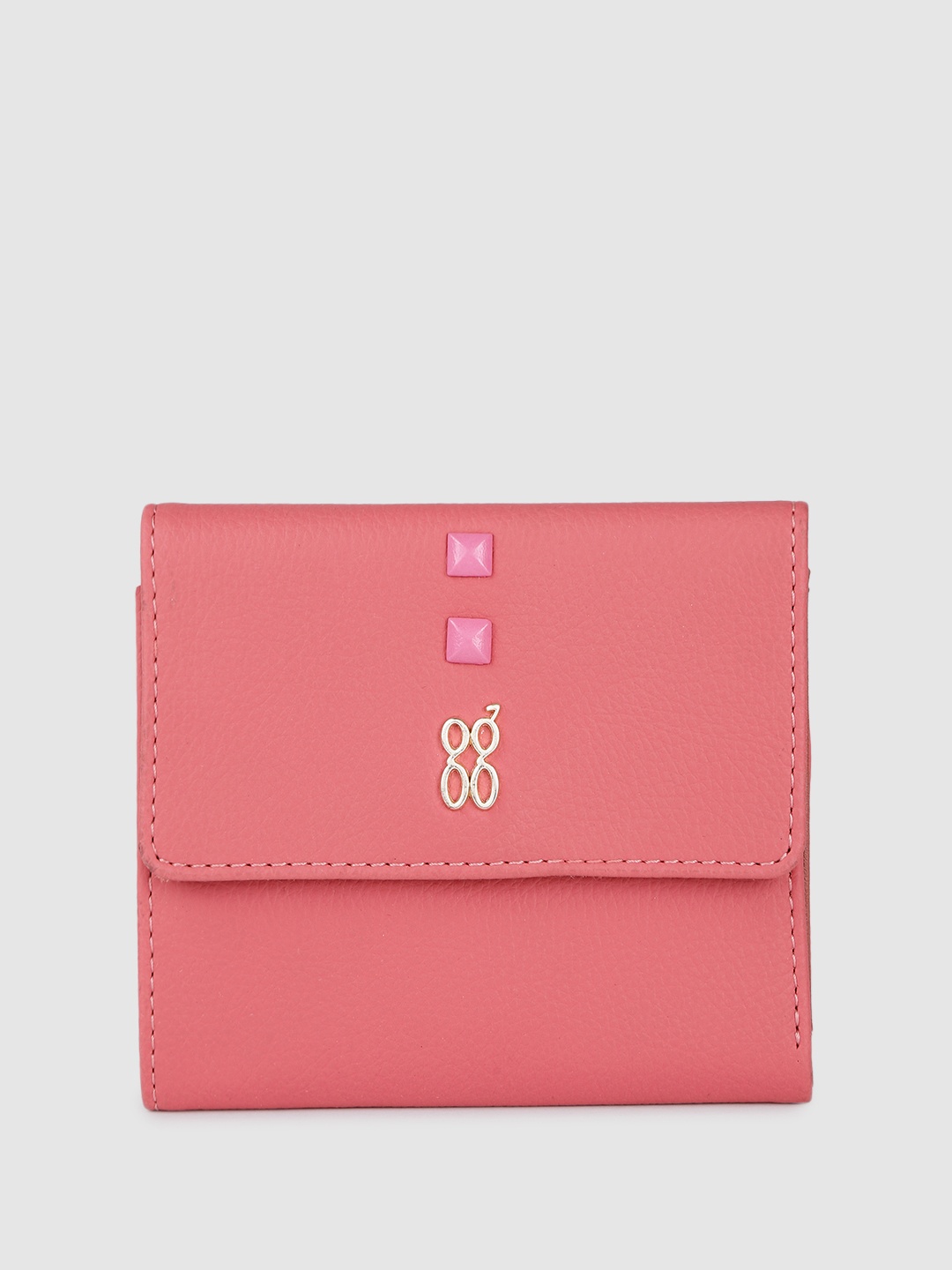 

Baggit Women Solid PU Three Fold Wallet With Minimal Embellished Detail, Coral