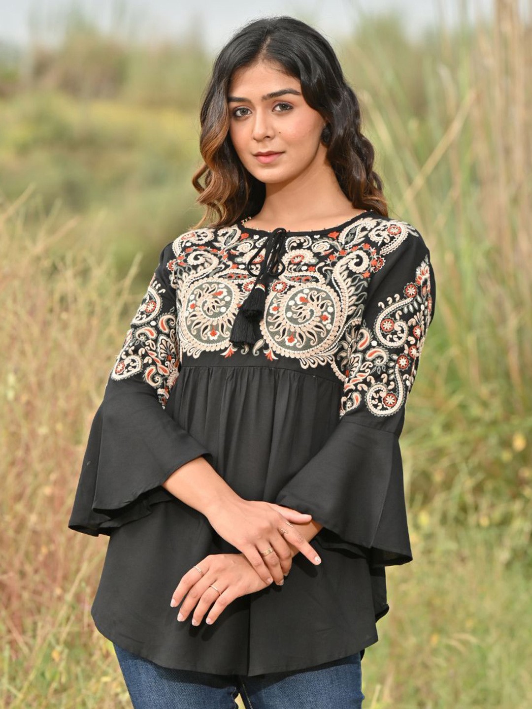 

Zolo Label Ethnic Motifs Printed Tie-Up Neck Cotton Regular Top, Black