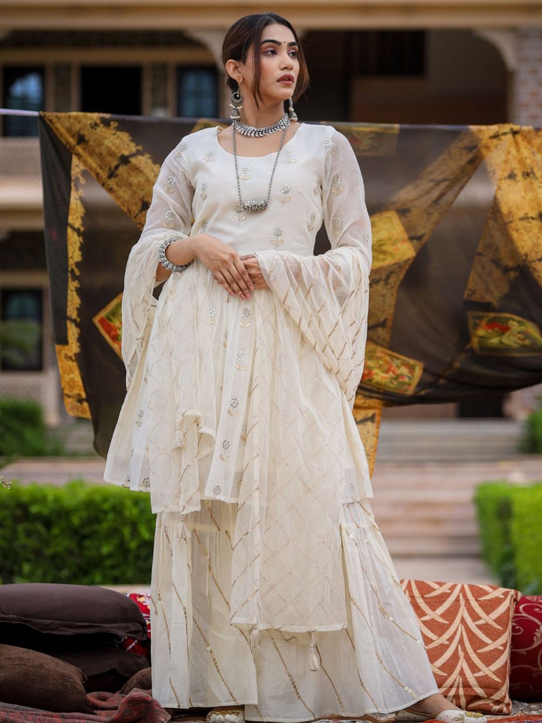 

Zolo Label Floral Embroidered & Mirror Worked Pure Cotton Kurti With Sharara & Dupatta, Off white