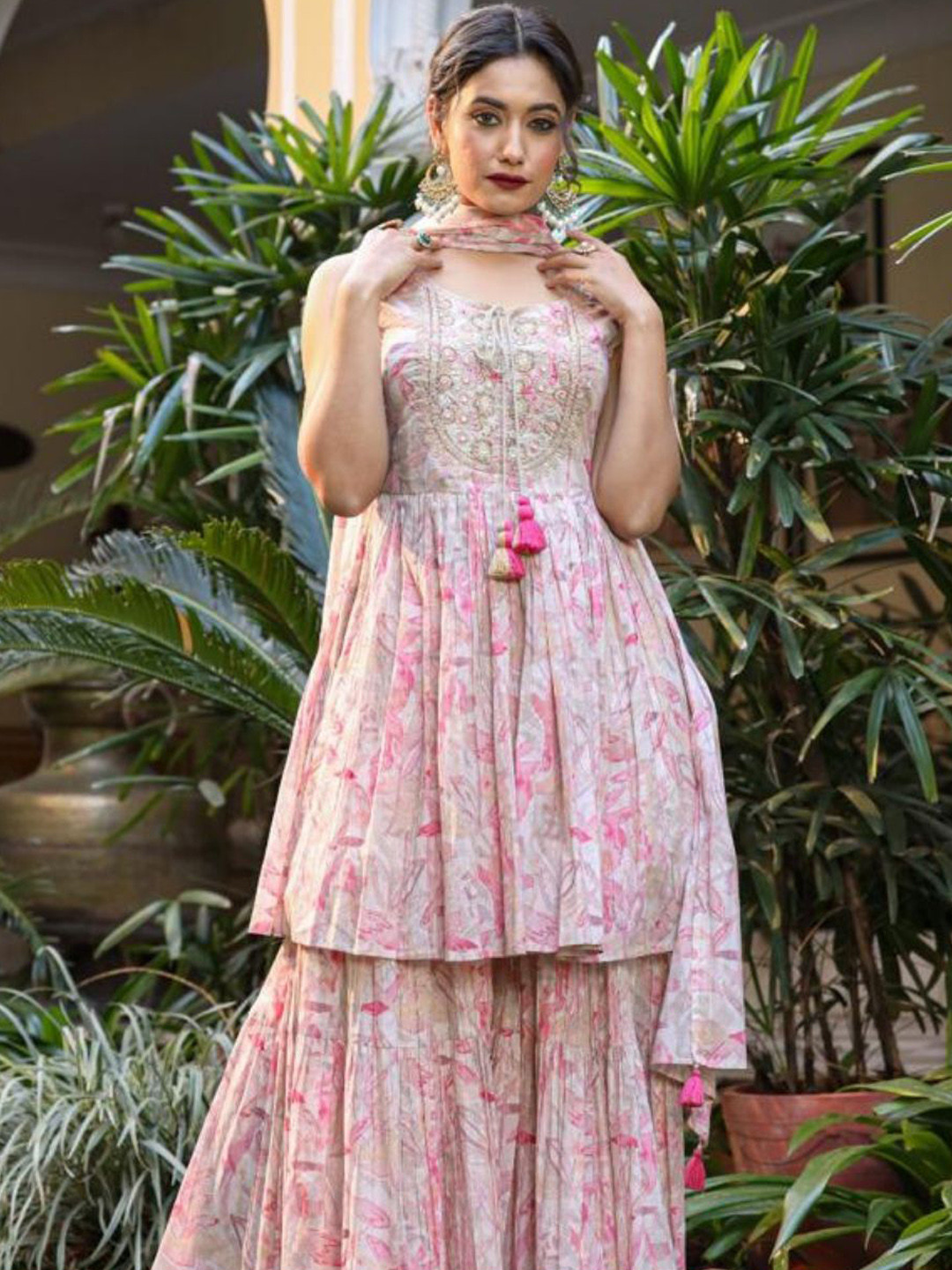 

Zolo Label Floral Embroidered Pure Cotton Kurti With Sharara & Dupatta, Pink