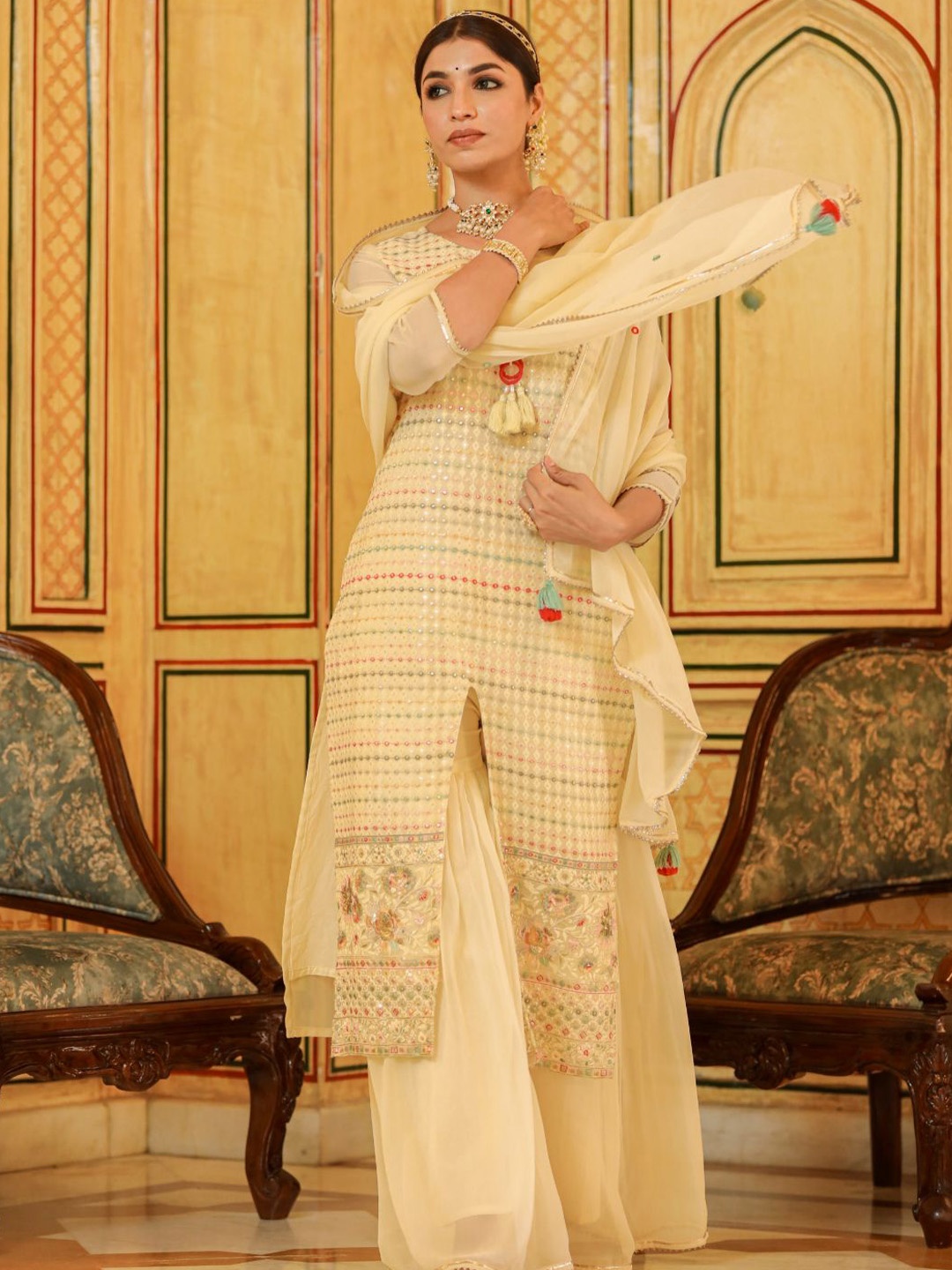 

Zolo Label Ethnic Motifs Embroidered Pure Cotton Straight Kurta With Sharara & Dupatta, Cream