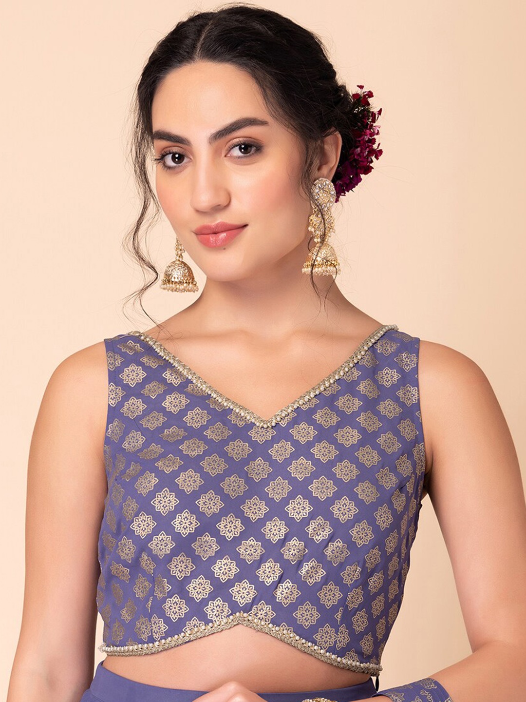 

Rang by Indya Ethnic Motifs Print V-Neck Blouse, Purple