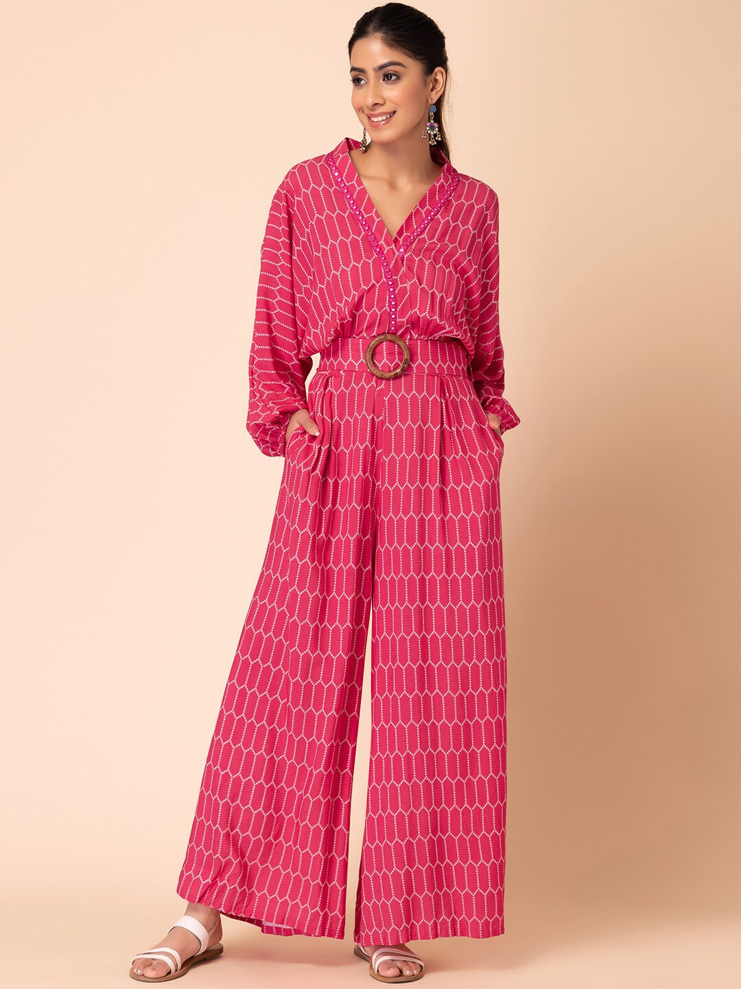 

INDYA Geometric Printed Basic Jumpsuit With Belt, Pink