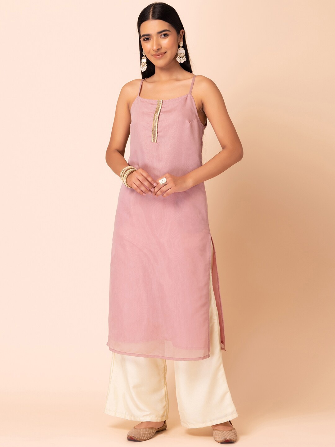 

Rang by Indya Shoulder Straps Chanderi Silk Kurta, Pink