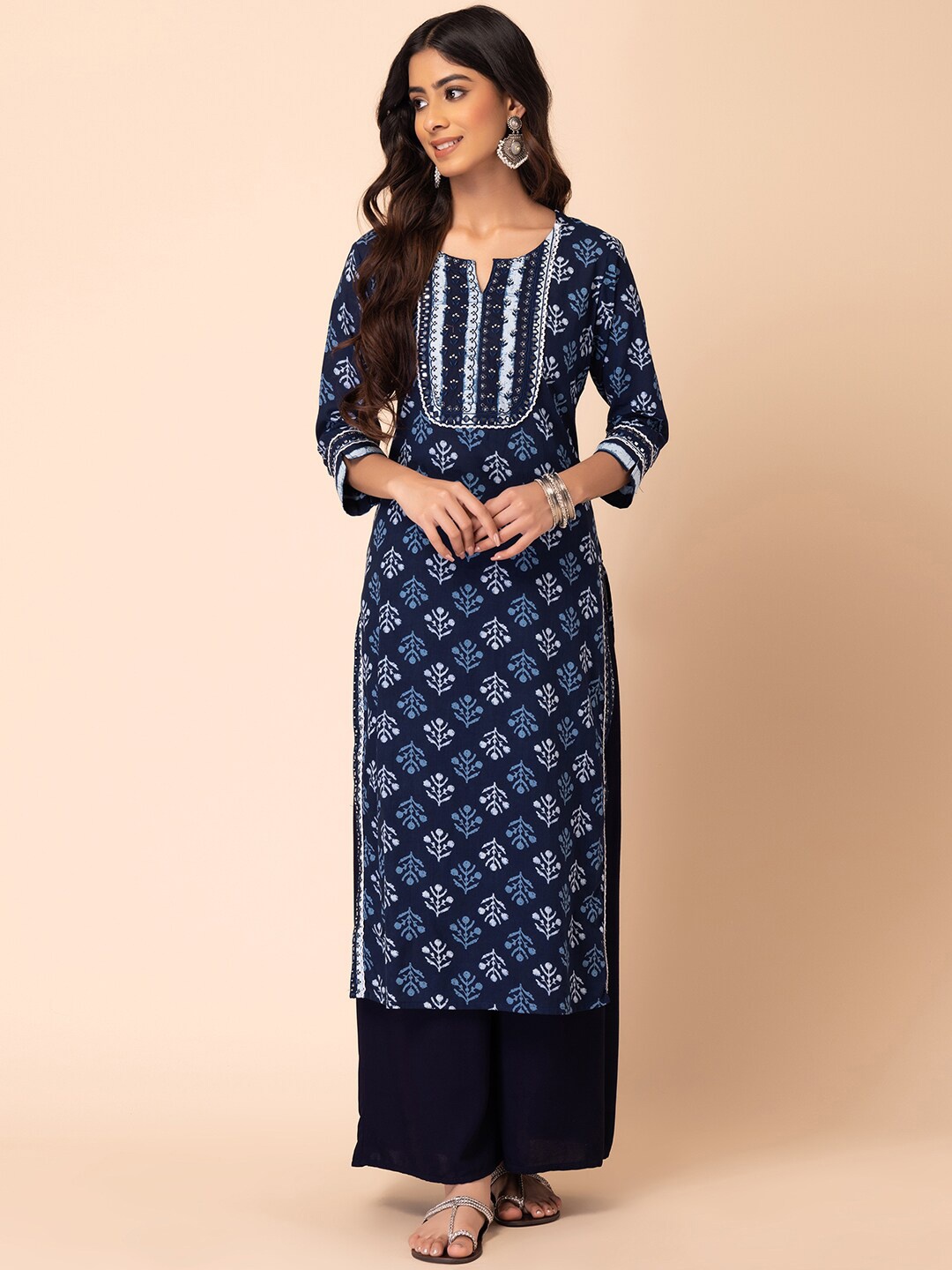 

INDYA Ethnic Motifs Printed Mirror Work Kurta, Blue