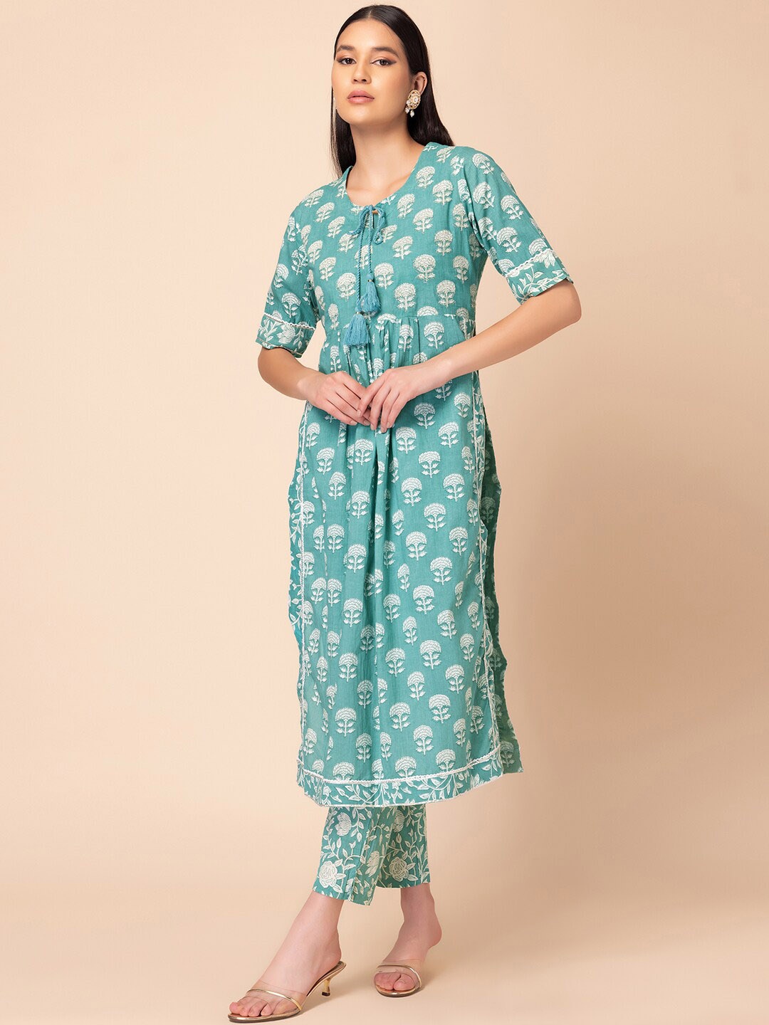 

INDYA Ethnic Motifs Printed Pleated Pure Cotton Kurti With Trousers, Green